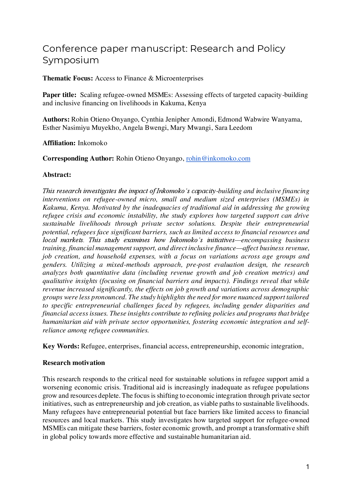 Assessing effects of targeted capacity-building and inclusive financing on livelihoods in Kakuma, Kenya 