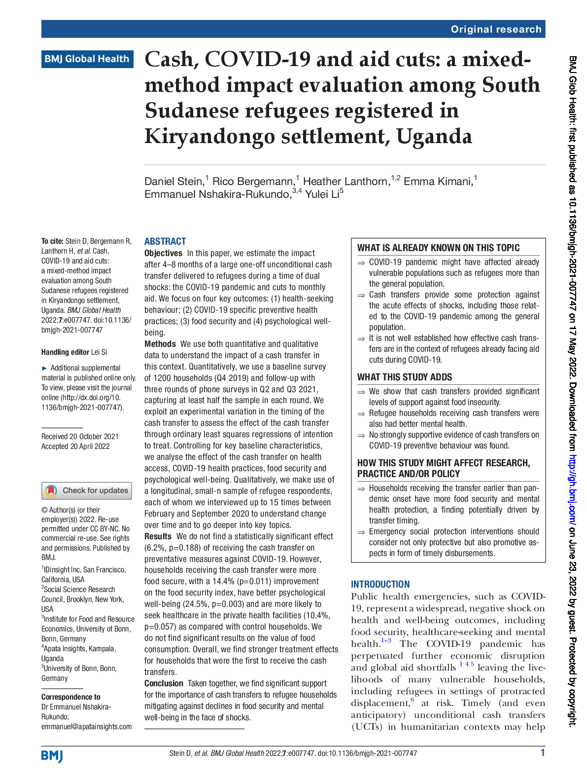 Cash covid-19 and aid cuts - a mixed method impact evaluaton among South Sudanese refugees registered in Kiryandongo settlement Uganda