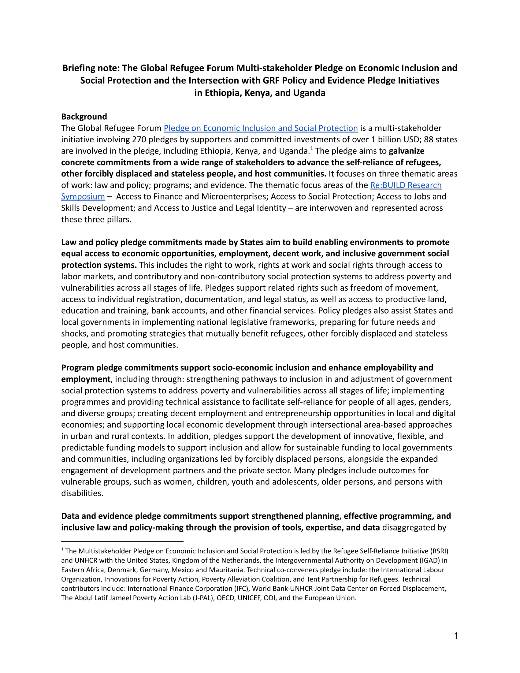 Briefing note - The Global Refugee Forum Multi-stakeholder Pledge on EISP and the Intersection with GRF Policy and Evidence Pledge Initiatives in Ethiopia, Kenya, and Uganda