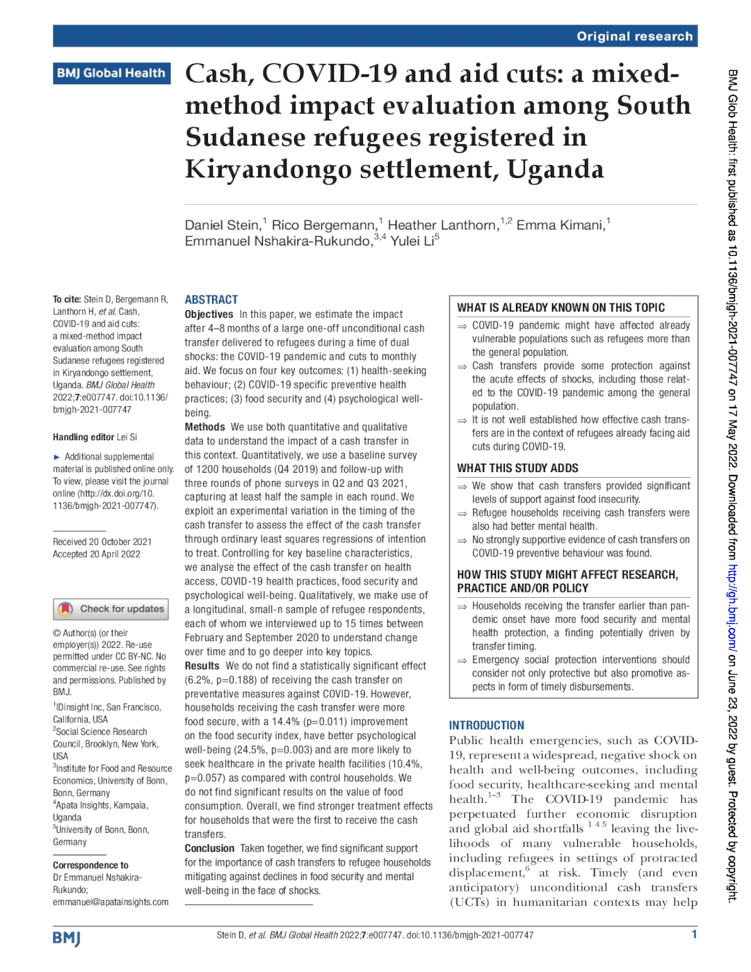 Cash covid-19 and aid cuts - a mixed method impact evaluaton among South Sudanese refugees registered in Kiryandongo settlement Uganda