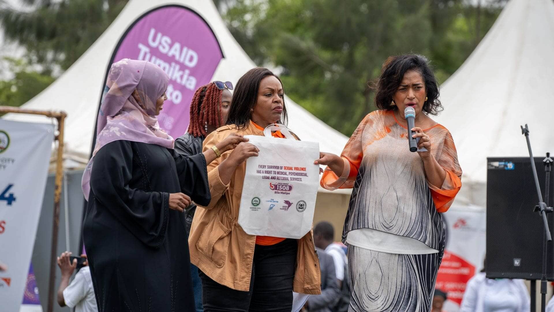 Esther Passaris, Women Representative for Nairobi County (far right), Rosemary Kariuki, CECM, Inclusivity, Public Participation and Customer Service Nairobi County (middle) and Maryam Dahir, County Chief Officer, Gender and Inclusivity, Nairobi County launch a new helpline for reporting Gender Based Violence cases