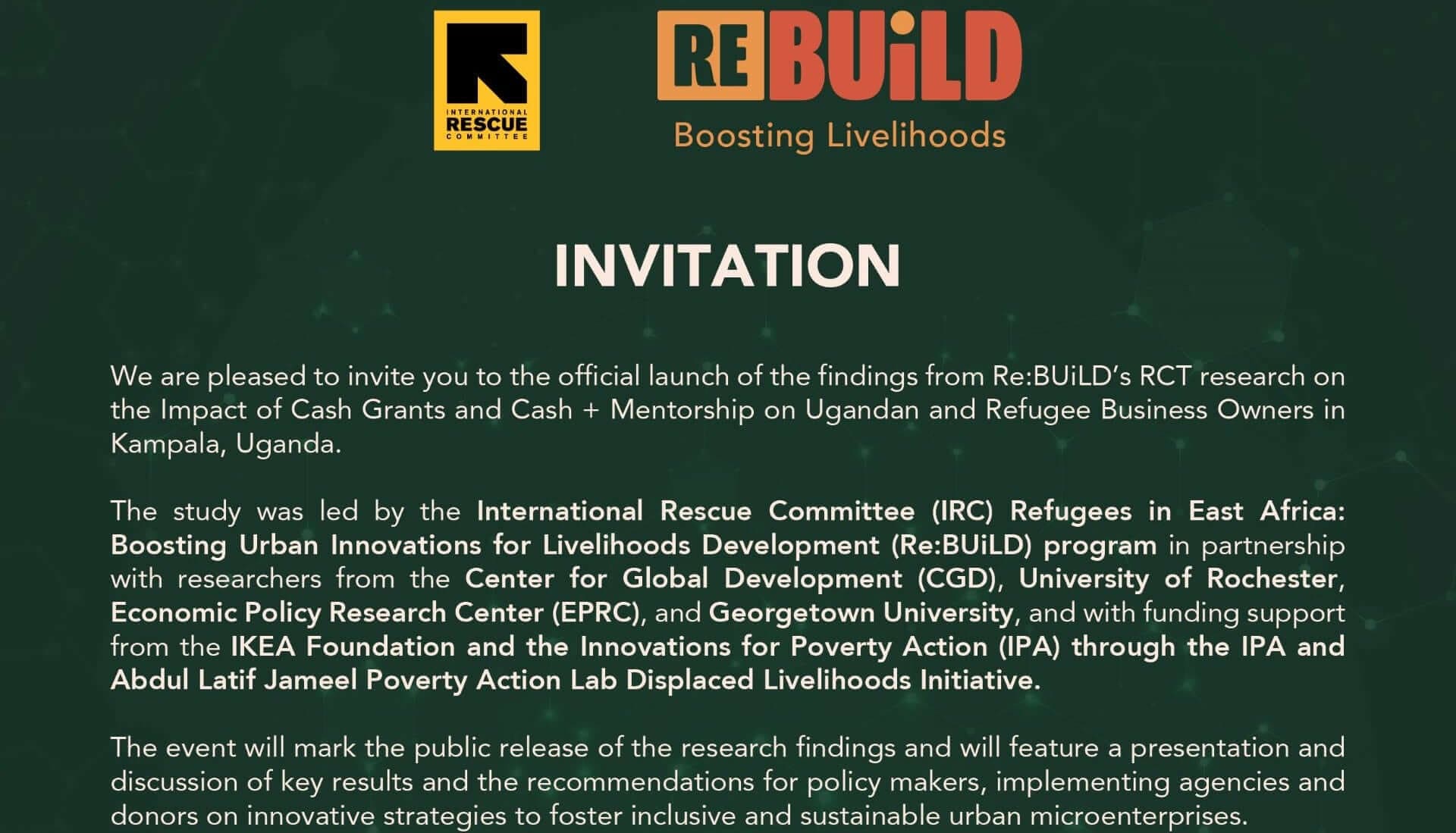 Launch of IRC's Re:BUiLD RCT Findings on Cash Grants & Mentorship Impact - Re:BUiLD Uganda