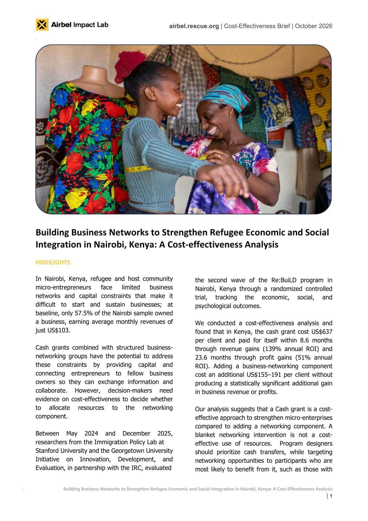Building Business Networks for Refugee Integration in Nairobi: A Cost-effectiveness Analysis