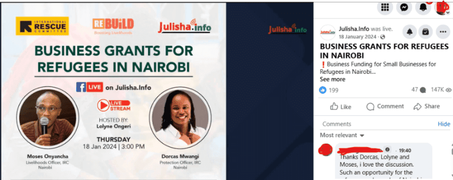 A screengrab of a Facebook Live session on the IRC's Julisha.Info platform – Re:BUiLD program sharing session on the recruitment drive