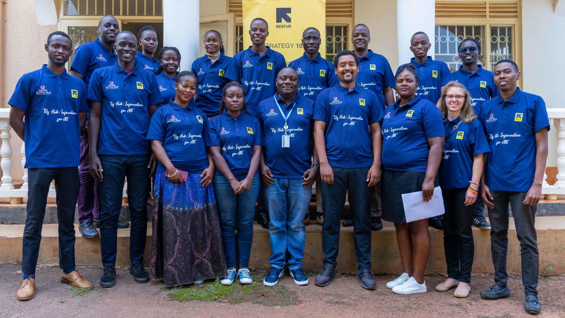 UNHCR, partners, community & refugee representatives pose for a photo during the ‘Ref hub’ inception meeting at the IRC center in Nsambya. Photo by: Nathan or the IRC