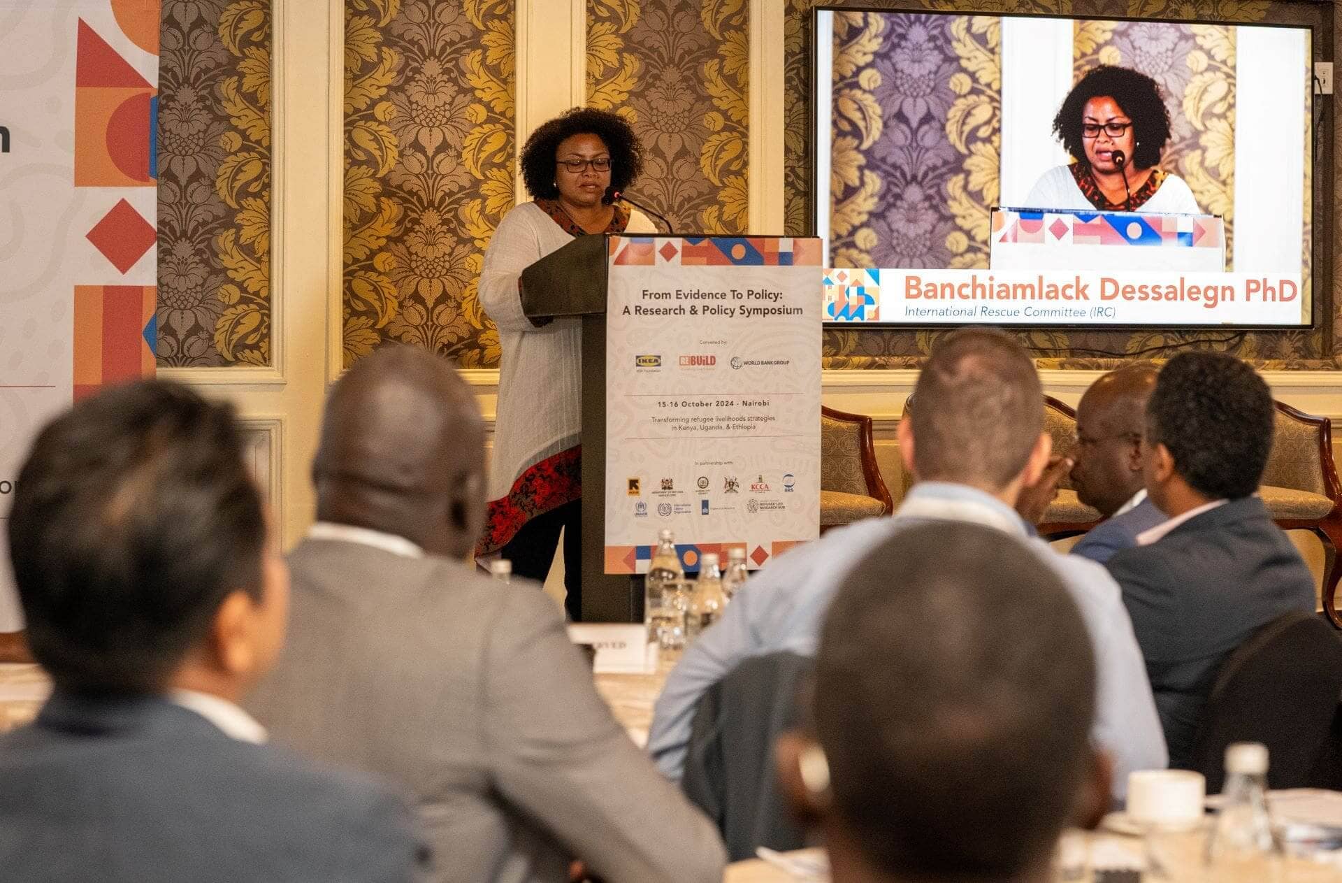 Keynote speaker Banchiamlack Dessalegn, the IRC’s Regional Vice President for East Africa, calling for evidence-based interaction and commitment among policymaker