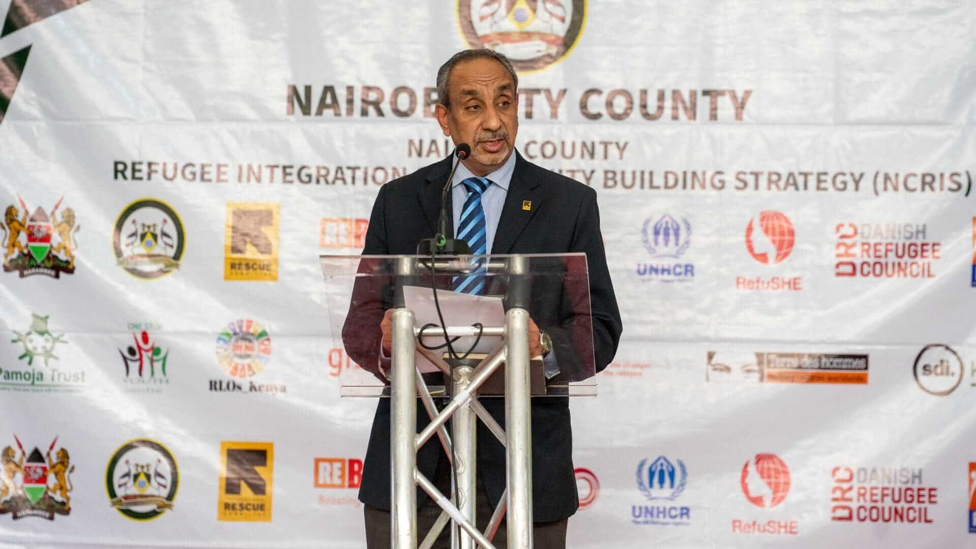Mohammed El-Montassir, IRC Kenya Country Director speaks at he launch of the Nairobi County Refugee Integration Strategy